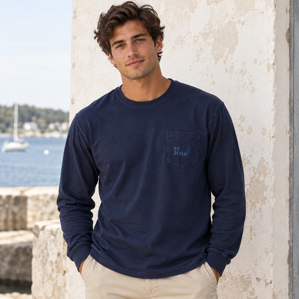 ComfortWash St John Virgin Islands Navy Blue Long Sleeve Pocket Tee Shirt Large